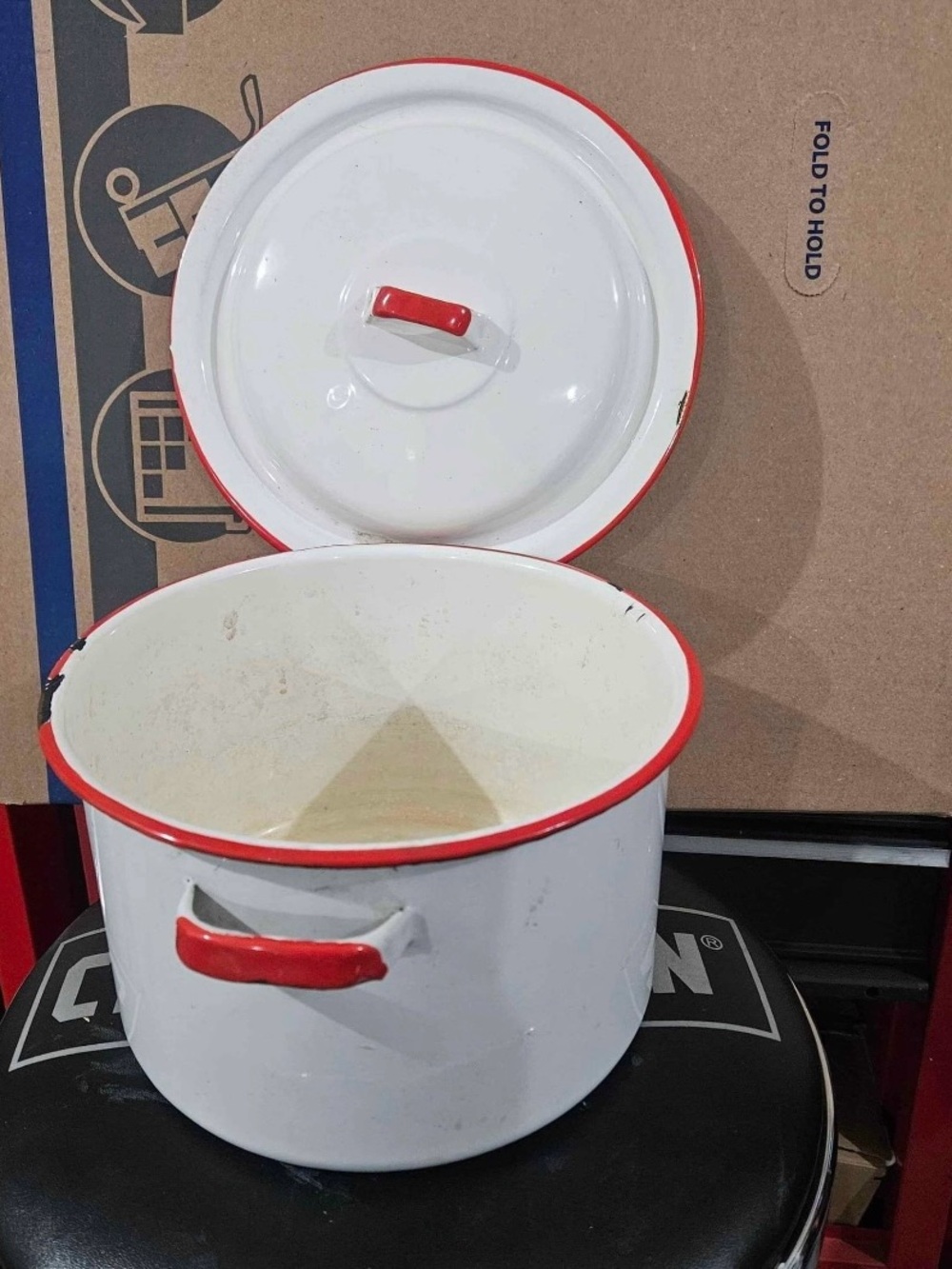 Vintage Farmhouse White and Red Enamel Stock Pot with Lid